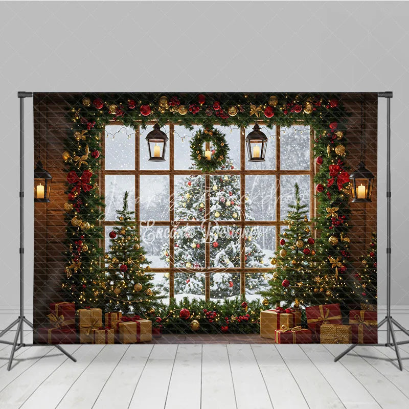 Lofaris Rustic Christmas Window Photography Backdrop Snowy View with Garland and Trees Holiday Mini Session Background