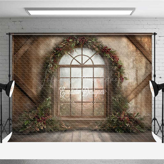 Lofaris Rustic Christmas Window Photography Backdrop Winter Scene with Berry Wreath Farmhouse Barn Wood Wall Photo Prop