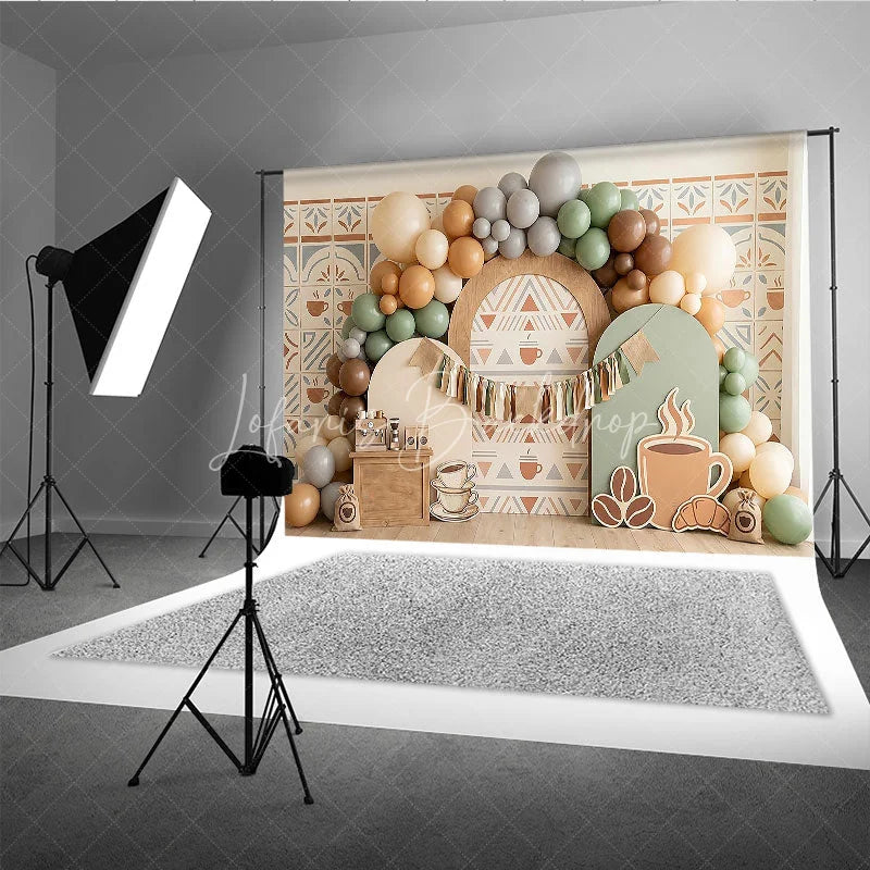 Lofaris Rustic Coffee Theme Photography Backdrop with Earthy Tones Balloons and Cafe Decor for Birthday Party