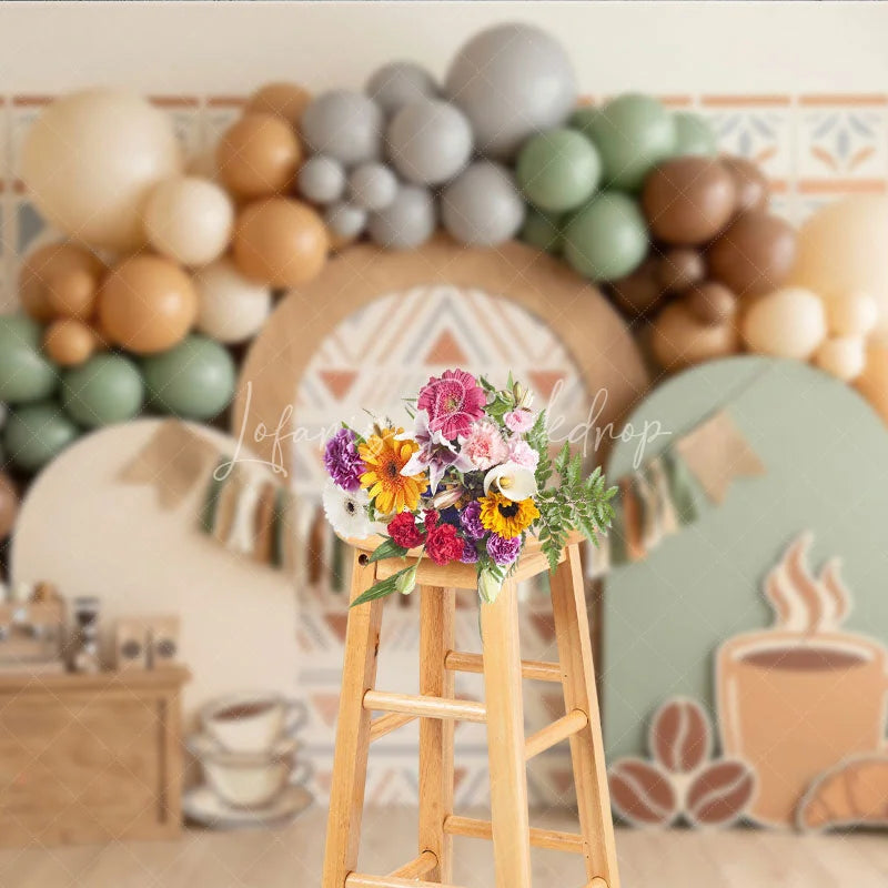 Lofaris Rustic Coffee Theme Photography Backdrop with Earthy Tones Balloons and Cafe Decor for Birthday Party