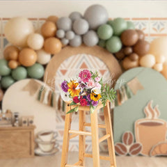 Lofaris Rustic Coffee Theme Photography Backdrop with Earthy Tones Balloons and Cafe Decor for Birthday Party