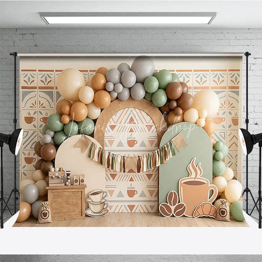 Lofaris Rustic Coffee Theme Photography Backdrop with Earthy Tones Balloons and Cafe Decor for Birthday Party