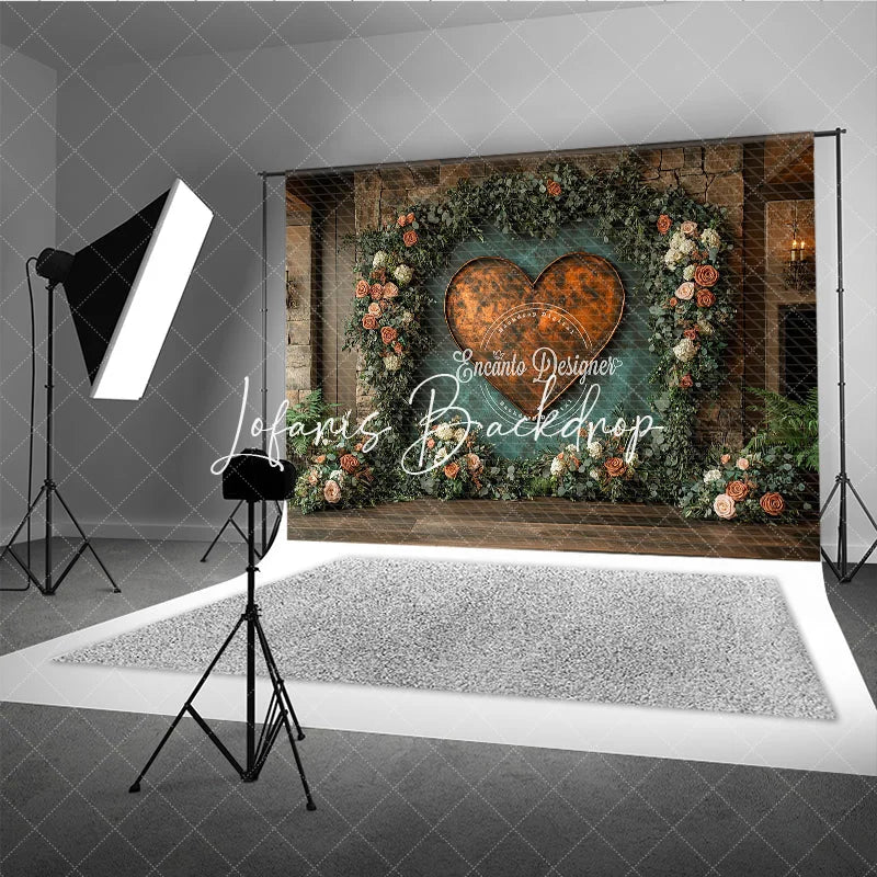 Lofaris Rustic Copper Heart Floral Arch Greenery Stone Wall Photography Backdrop Romantic Wedding Event Decor