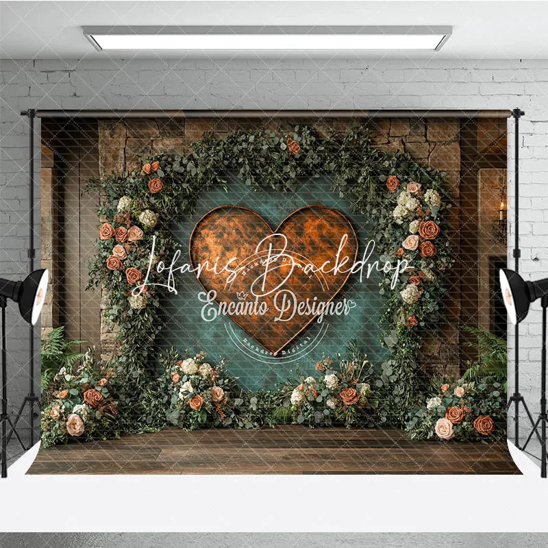 Lofaris Rustic Copper Heart Floral Arch Greenery Stone Wall Photography Backdrop Romantic Wedding Event Decor