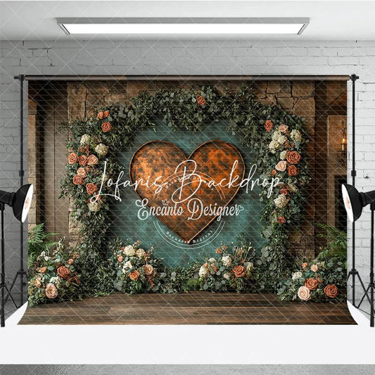 Lofaris Rustic Copper Heart Floral Arch Greenery Stone Wall Photography Backdrop Romantic Wedding Event Decor