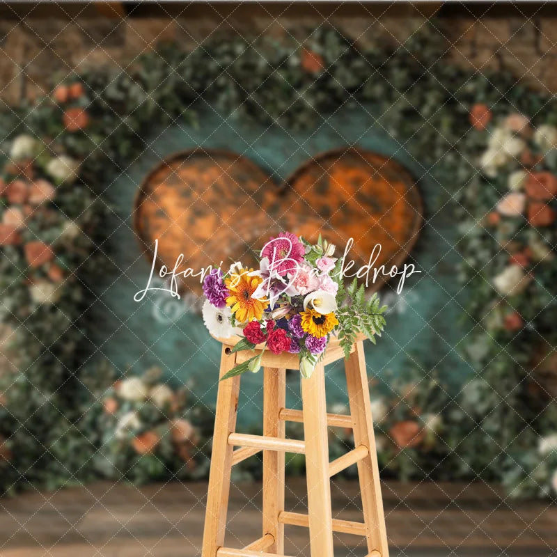 Lofaris Rustic Copper Heart Floral Arch Greenery Stone Wall Photography Backdrop Romantic Wedding Event Decor
