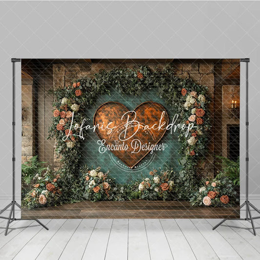 Lofaris Rustic Copper Heart Floral Arch Greenery Stone Wall Photography Backdrop Romantic Wedding Event Decor