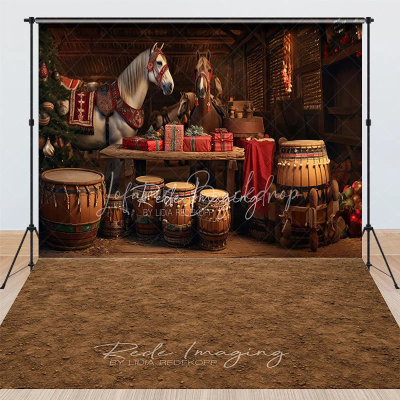 Lofaris Rustic Country Christmas Combo Set Backdrop Festive Horses in a Barn with Drums Holiday Stable Photo Floor