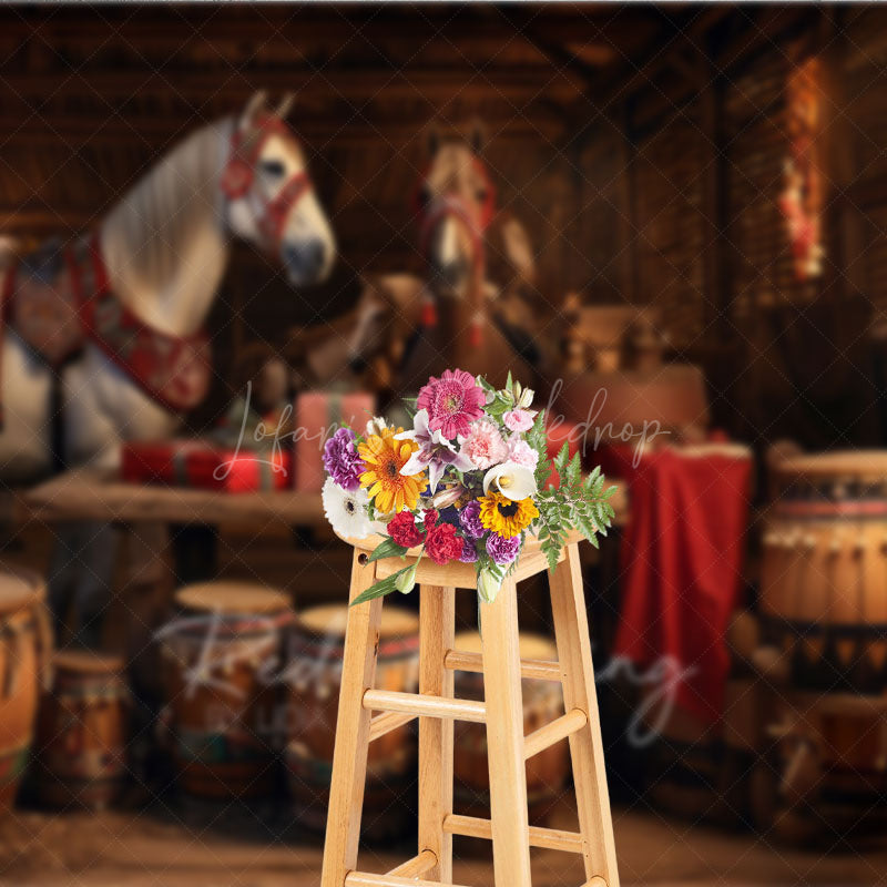 Lofaris Rustic Country Christmas Photography Backdrop Festive Horses in a Barn Holiday Stable Photo Background