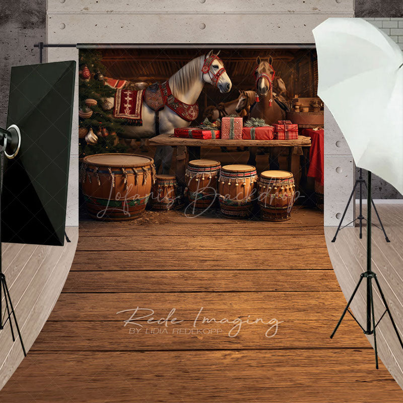 Lofaris Rustic Country Christmas Sweep Backdrop Festive Horses in a Barn with Drums Holiday Stable Floor Drop