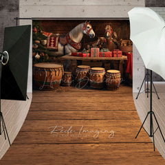 Lofaris Rustic Country Christmas Sweep Backdrop Festive Horses in a Barn with Drums Holiday Stable Floor Drop