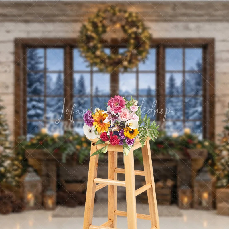Lofaris Rustic Cozy Christmas Trees and Fireplace Mantel Holiday Backdrop with Snowy Window Winter Scene Photography Decor