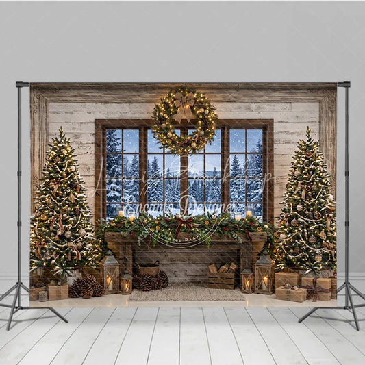 Lofaris Rustic Cozy Christmas Trees and Fireplace Mantel Holiday Backdrop with Snowy Window Winter Scene Photography Decor