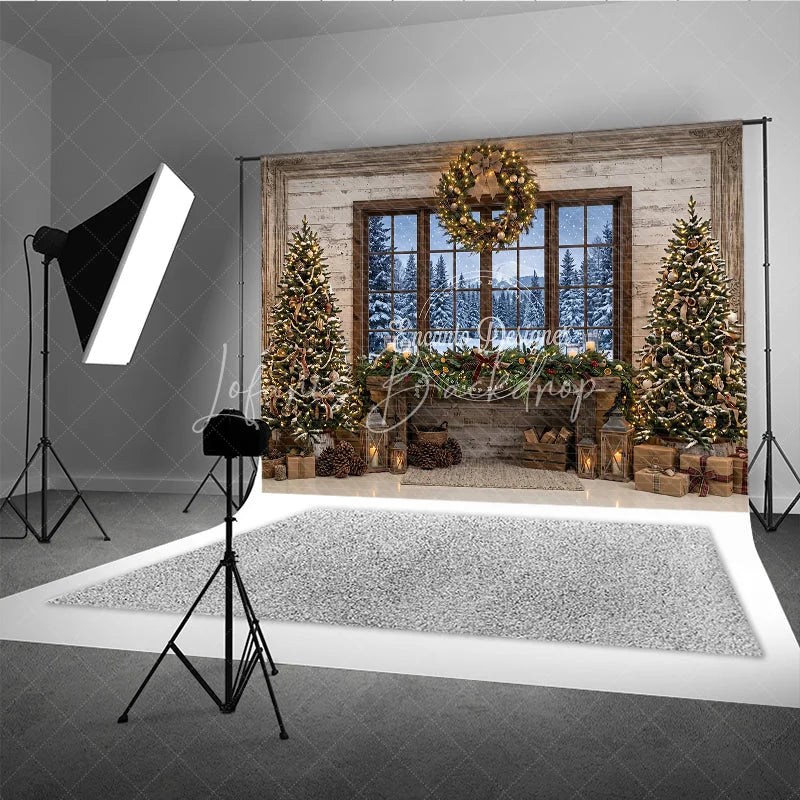 Lofaris Rustic Cozy Christmas Trees and Fireplace Mantel Holiday Backdrop with Snowy Window Winter Scene Photography Decor