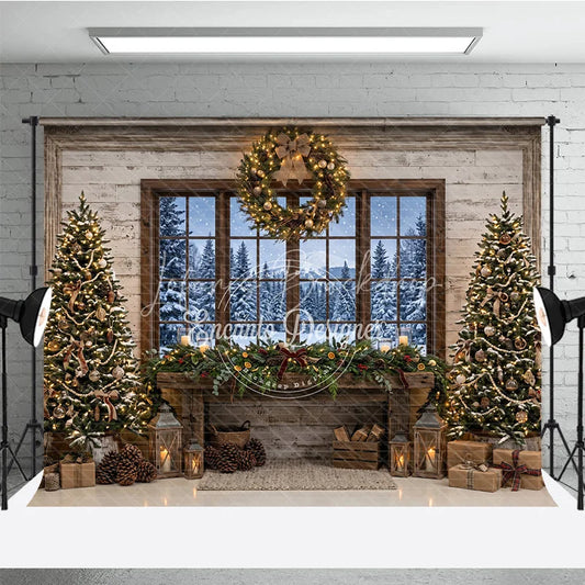 Lofaris Rustic Cozy Christmas Trees and Fireplace Mantel Holiday Backdrop with Snowy Window Winter Scene Photography Decor