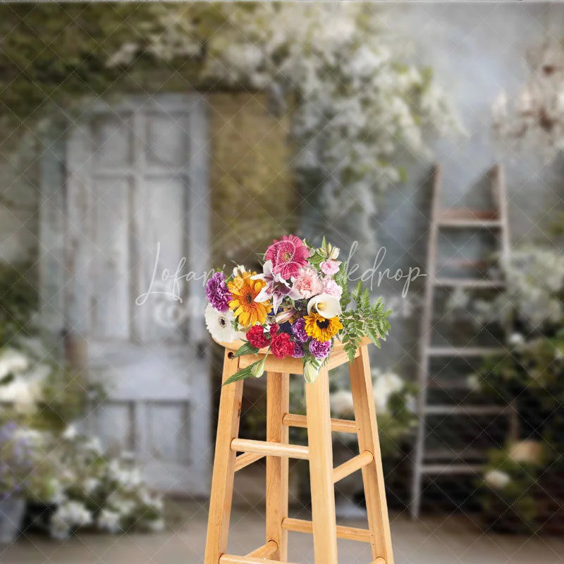 Lofaris Rustic Door Photography Backdrop White Flowers with Ladder and Chandelier Farmhouse Maternity Photo Background