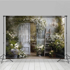 Lofaris Rustic Door Photography Backdrop White Flowers with Ladder and Chandelier Farmhouse Maternity Photo Background