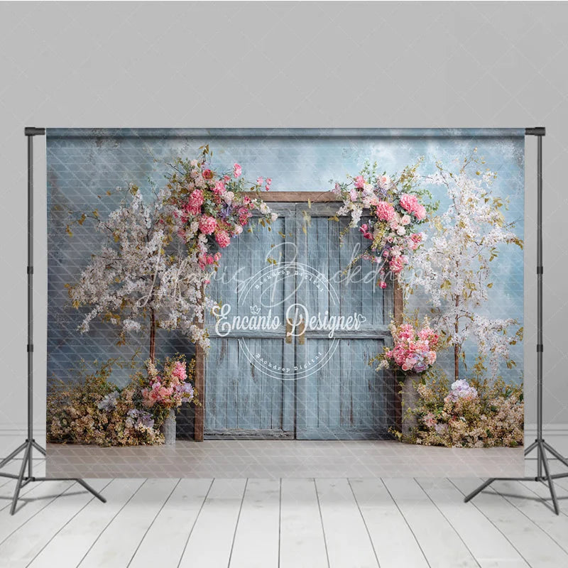 Lofaris Rustic Door Photography Backdrop with Spring Cherry Blossoms Blue Sky Fine Art Painterly Photo Background