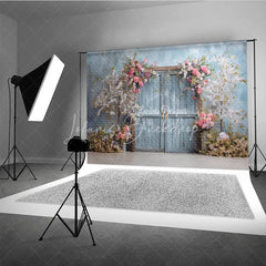 Lofaris Rustic Door Photography Backdrop with Spring Cherry Blossoms Blue Sky Fine Art Painterly Photo Background