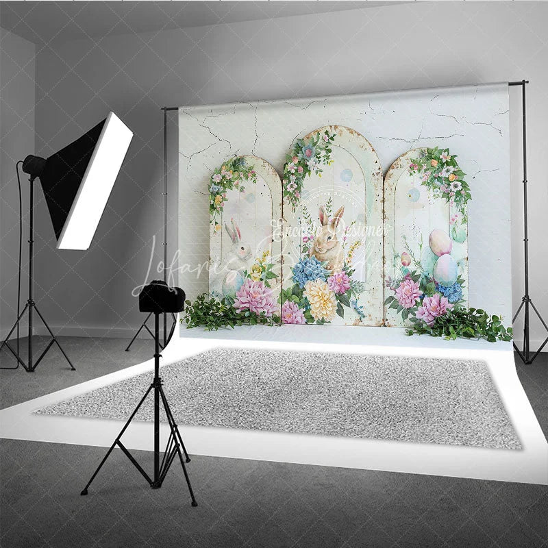 Lofaris Rustic Easter Bunny Arches Backdrop Blue Hydrangea and Peony Floral Spring Decoration