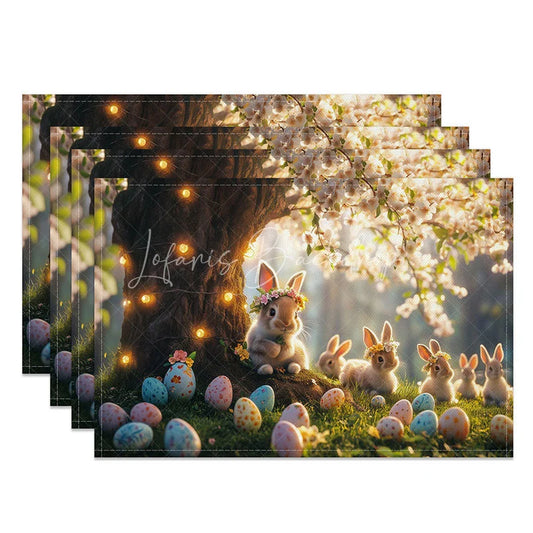 Lofaris Rustic Easter Bunny Set of 4 Placemats Rabbits by Tree Root Spring Garden Holiday Table Mats