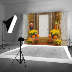 Lofaris Rustic Fall Front Porch Photography Backdrop Scarecrow and Pumpkins with Mums Autumn Harvest Farmhouse Decor