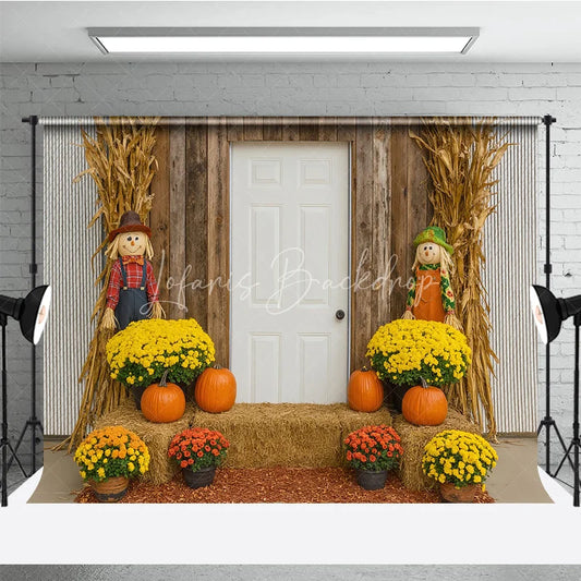 Lofaris Rustic Fall Front Porch Photography Backdrop Scarecrow and Pumpkins with Mums Autumn Harvest Farmhouse Decor