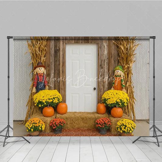 Lofaris Rustic Fall Front Porch Photography Backdrop Scarecrow and Pumpkins with Mums Autumn Harvest Farmhouse Decor