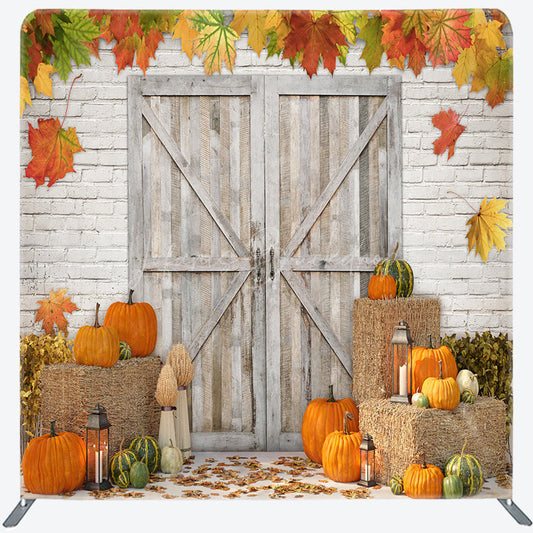 Lofaris Rustic Fall Harvest Tension Fabric Backdrop Autumn Pumpkin Patch with Barn Door Thanksgiving Photo Booth Decor