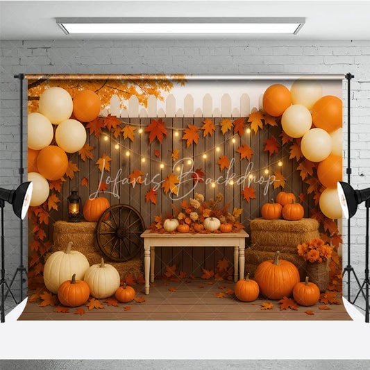 Lofaris Rustic Fall Porch Photography Backdrop with String Lights Pumpkins and Hay Bales Autumn Harvest Party Decor