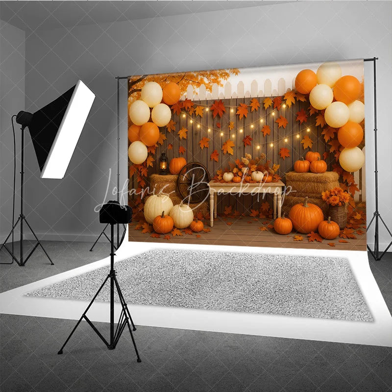 Lofaris Rustic Fall Porch Photography Backdrop with String Lights Pumpkins and Hay Bales Autumn Harvest Party Decor