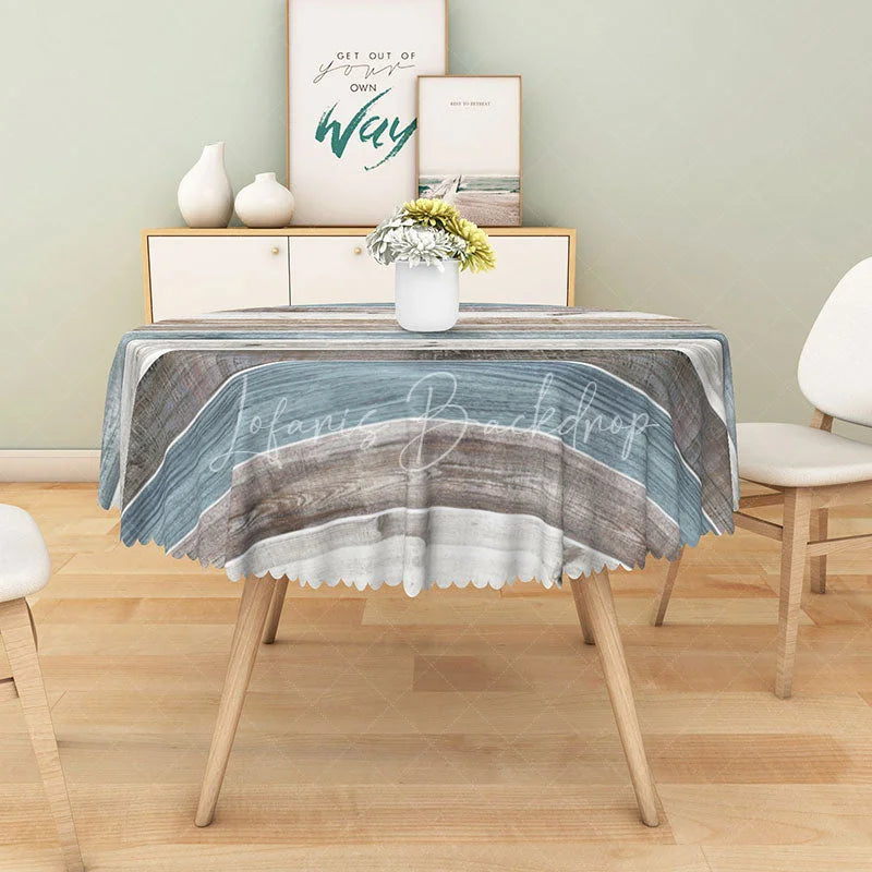 Lofaris Rustic Farmhouse Round Tablecloth with Gray and Blue Faux Wood Texture for Cabin Country Style Decor
