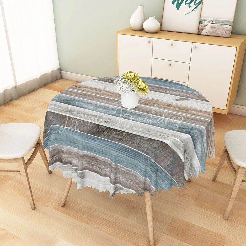 Lofaris Rustic Farmhouse Round Tablecloth with Gray and Blue Faux Wood Texture for Cabin Country Style Decor