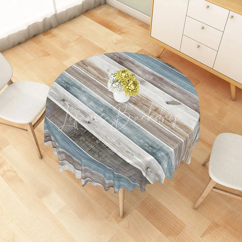 Lofaris Rustic Farmhouse Round Tablecloth with Gray and Blue Faux Wood Texture for Cabin Country Style Decor
