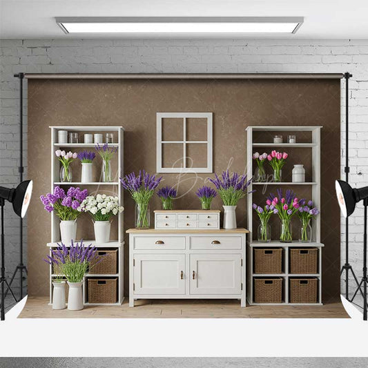 Lofaris Rustic Farmhouse Shelf Backdrop White Cabinet with Lavender and Tulips Country Spring Photography Studio Prop