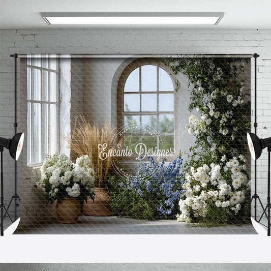 Lofaris Rustic Farmhouse Window Photography Backdrop White and Blue Floral Decor Spring Wedding Photo Background
