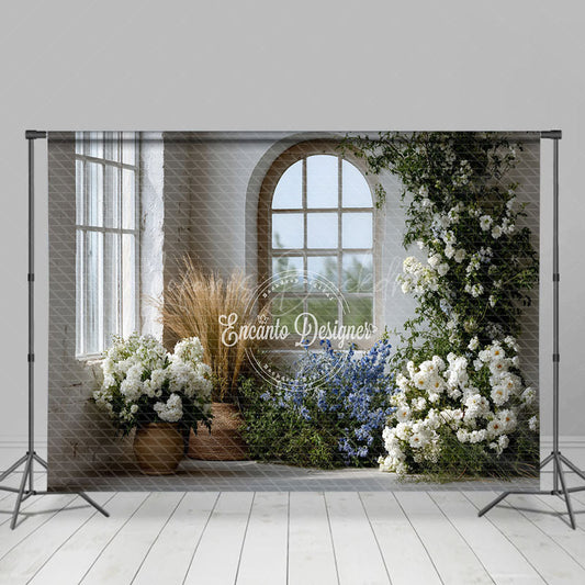 Lofaris Rustic Farmhouse Window Photography Backdrop White and Blue Floral Decor Spring Wedding Photo Background