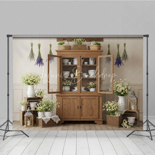 Lofaris Rustic Farmhouse Wooden Hutch Photography Backdrop with White Daisies and Hanging Lavender
