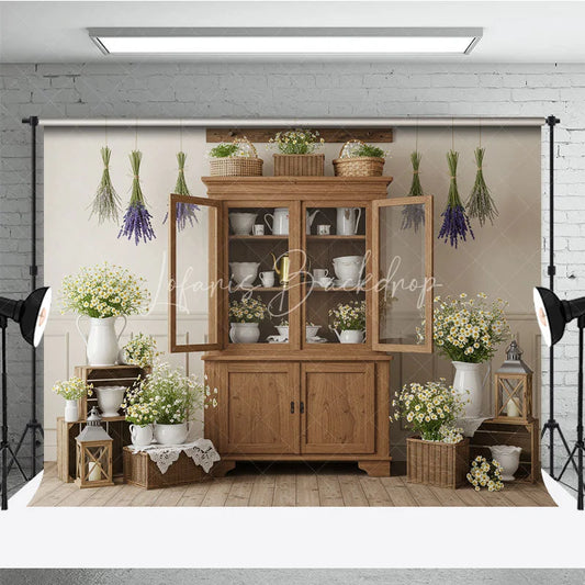 Lofaris Rustic Farmhouse Wooden Hutch Photography Backdrop with White Daisies and Hanging Lavender