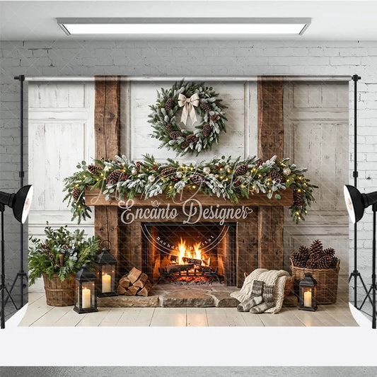 Lofaris Rustic Fireplace Mantel Garland Wreath Holiday Backdrop Cozy Warm Winter Christmas Festive Decor