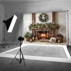 Lofaris Rustic Fireplace Mantel Garland Wreath Holiday Backdrop Cozy Warm Winter Christmas Festive Decor