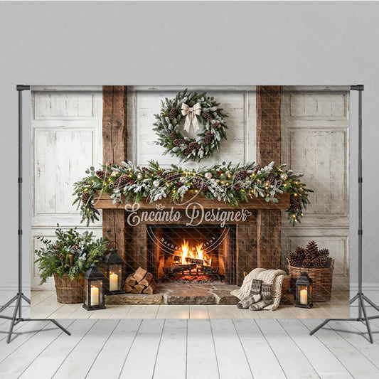 Lofaris Rustic Fireplace Mantel Garland Wreath Holiday Backdrop Cozy Warm Winter Christmas Festive Decor