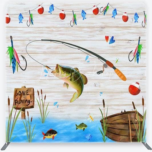 Lofaris Rustic Fishing Theme Square Double-Sided Backdrop GONE Sign with Jumping Bass and Boat for Party Decor