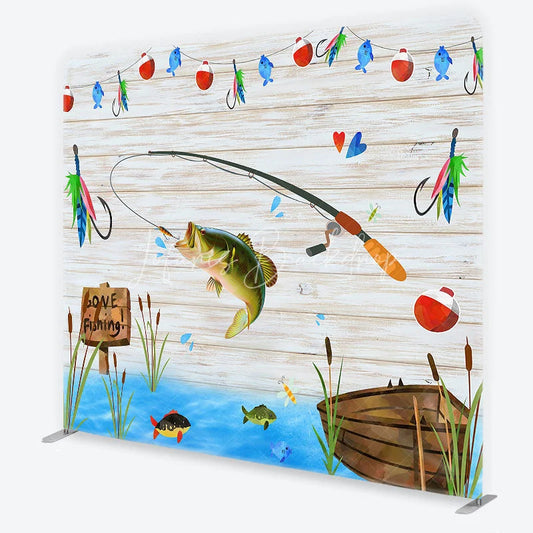 Lofaris Rustic Fishing Theme Square Double-Sided Backdrop GONE Sign with Jumping Bass and Boat for Party Decor