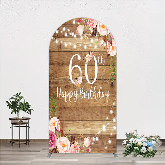 Lofaris Rustic Floral 60th Birthday Arch Backdrop for Women Pink Peony on Wood Background String Lights Party Decor