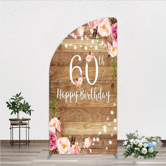 Lofaris Rustic Floral 60th Birthday Half Moon Arch Backdrop for Women Pink Peony on Wood Background String Lights Party Decor