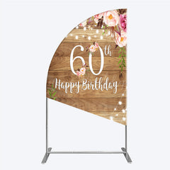 Lofaris Rustic Floral 60th Birthday Half Moon Arch Backdrop for Women Pink Peony on Wood Background String Lights Party Decor