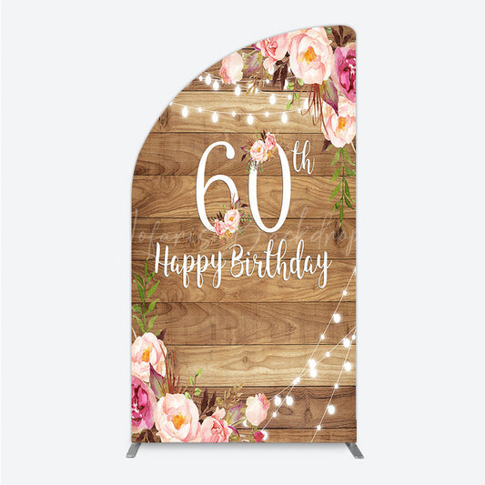 Lofaris Rustic Floral 60th Birthday Half Moon Arch Backdrop for Women Pink Peony on Wood Background String Lights Party Decor