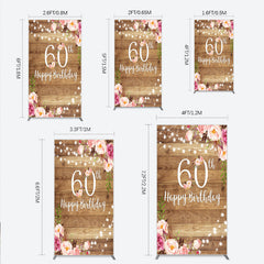 Lofaris Rustic Floral 60th Birthday Rectangle Backdrop for Women Pink Peony on Wood Background String Lights Party Decor