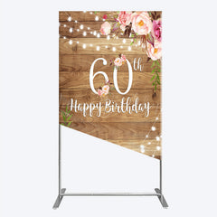 Lofaris Rustic Floral 60th Birthday Rectangle Backdrop for Women Pink Peony on Wood Background String Lights Party Decor